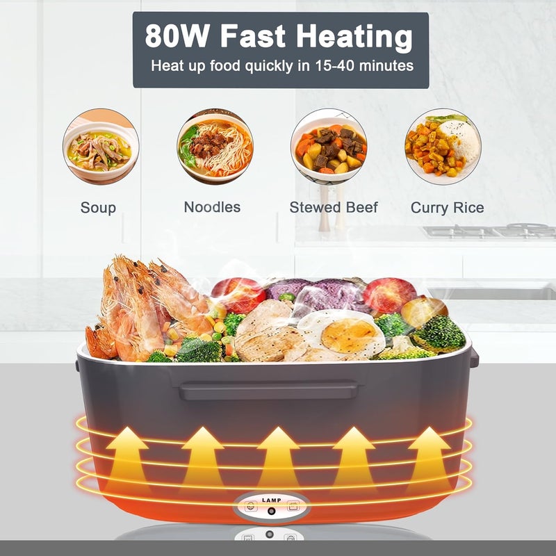 HOLDRUBY Electric Heated Lunch Boxes Adults: 80W Electric Lunch Box Food Heated 12/24/110V 1.5L Heatable Lunch Box for Car/Truck/Office Leak-Proof Stainless Steel Container, Fork & Spoon, Bag (Dark Grey) - Image 3